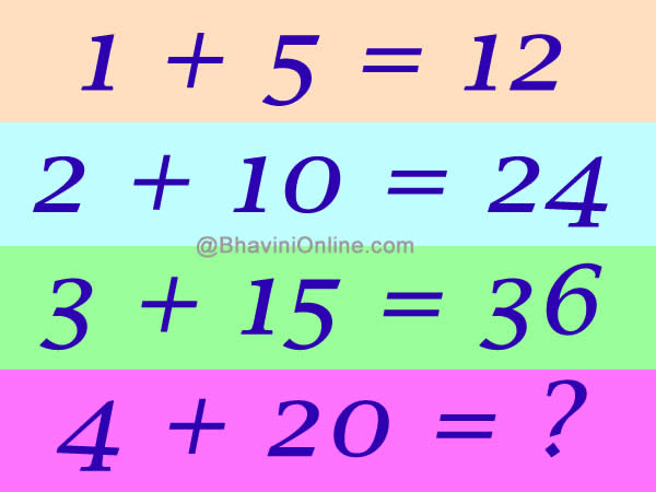 Math Riddle: 1 + 5 = 12, 2 + 10 = 24, 3 + 15 = 36, Then 4 + 20 = ? |  