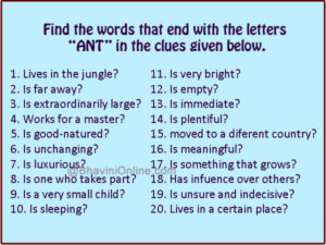 Word Riddle Games: Find Words Ending With "ANT" | BhaviniOnline.com